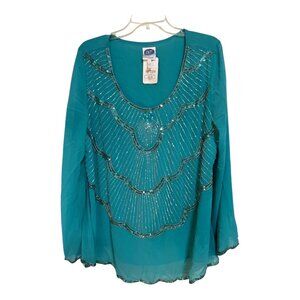 DG2 by Diane Gilman Women’s L Turquoise Beaded Sheer Blouse – Long Sleeve, NWT